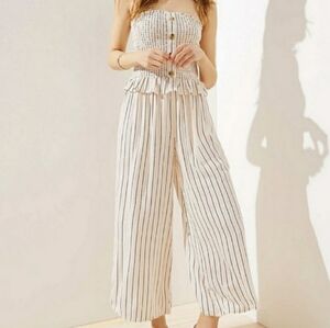 LOFT Beach XS Strapless Smocked Striped Jumpsuit Wide Leg